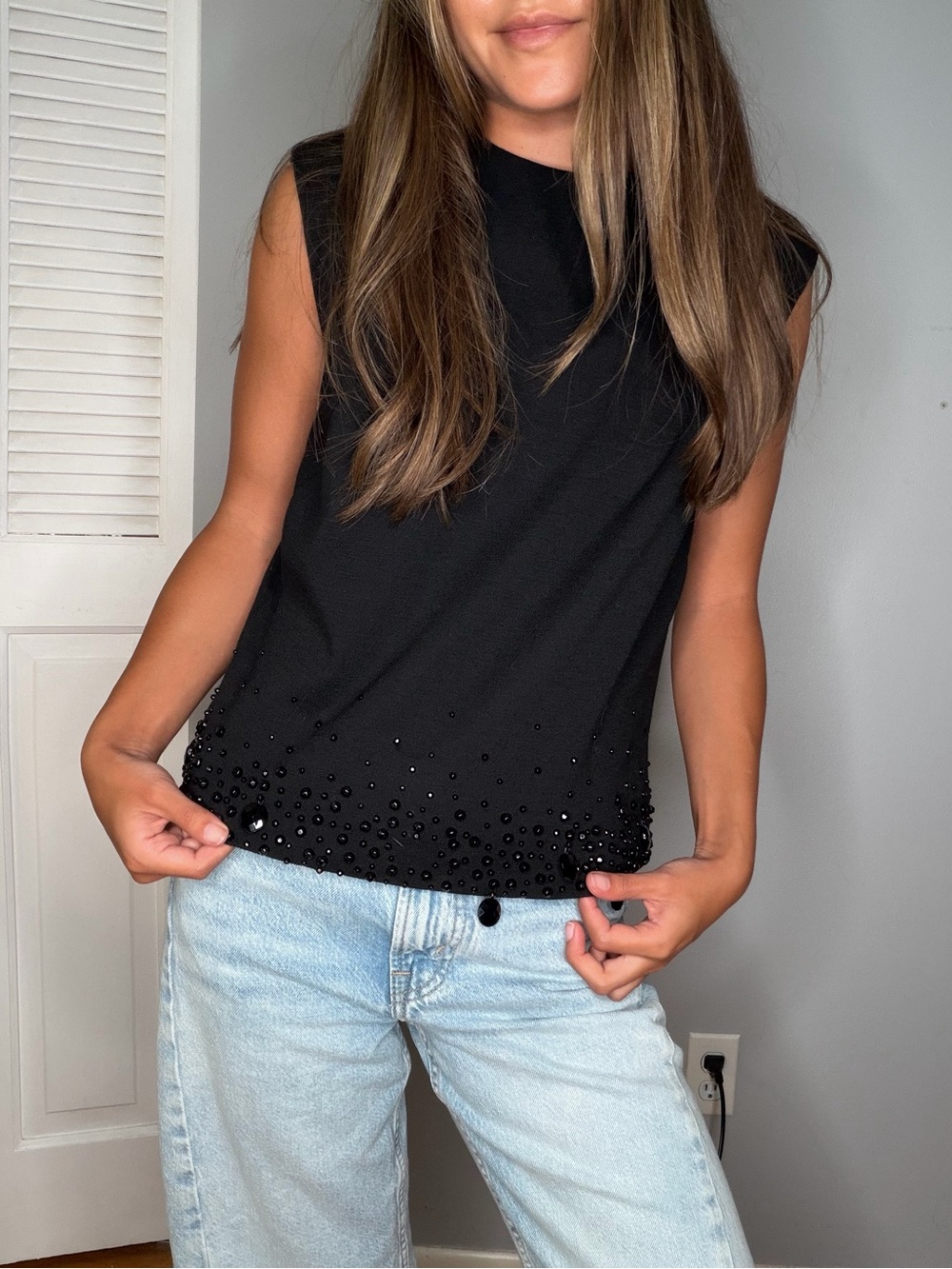 Vintage Black Beaded Sleeveless Tank Top